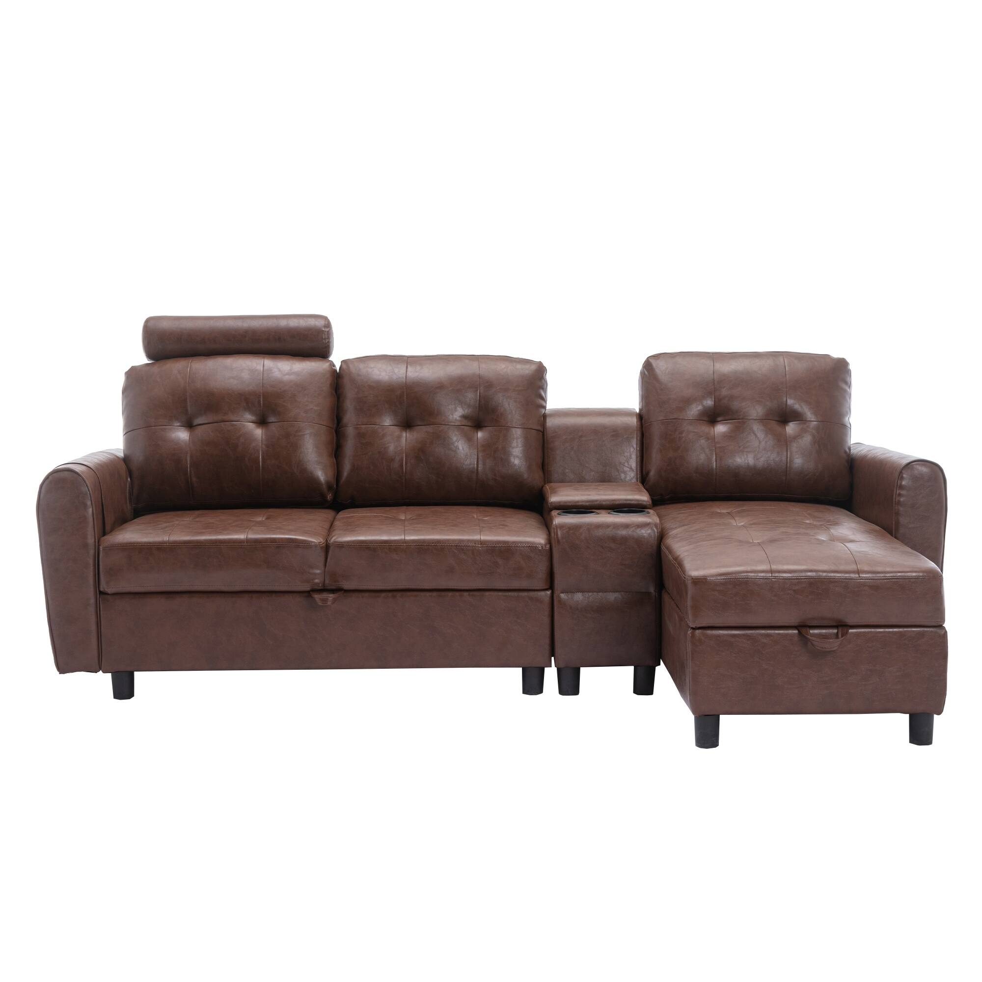 PU Leather Sectional Sofa with Storage Seats & Chaise, LShaped 3 Seat